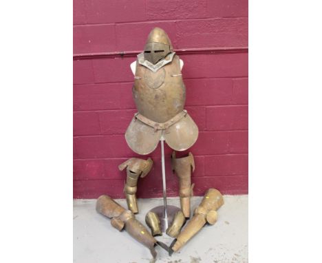 Victorian 'theatrical' copy suit of armour comprising breast plate, helmet, gauntlets and vambrace