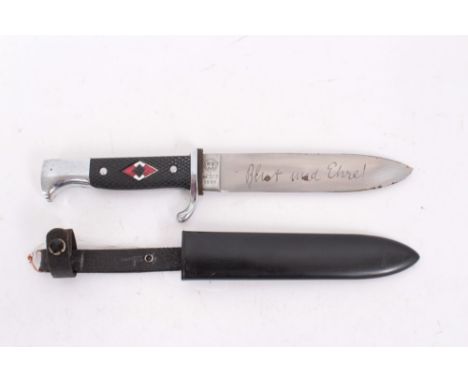 Nazi Hitler Youth knife / dagger with checkered plastic grip, set with enamel swastika badge, plated mounts, etched blade mar