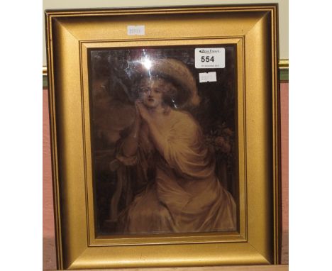 Framed convex glass crystoleum, portrait study of a Gainsborough woman.  Gilt frame.