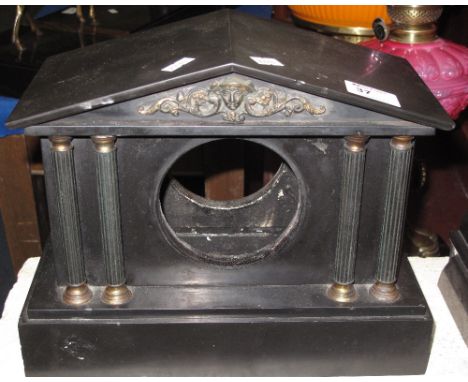 Late Victorian black slate architectural metal mounted clock case.