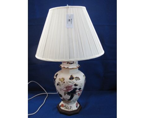Mason's Ironstone baluster shaped table lamp and shade with wooden base.