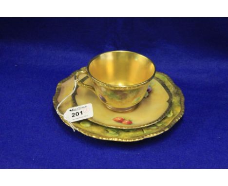 Royal Worcester bone china fruit painted cup saucer and side plate trio. The plate signed B.Cox, the cup and saucer signed D.