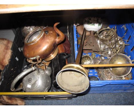 Two boxes of assorted metal ware to include silver plated spirit kettle on stand, copper Samovar, brass smokers stand, opalin