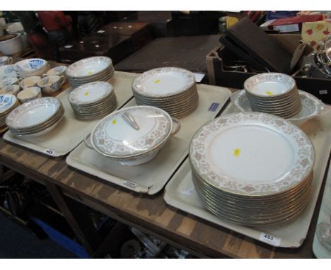 Three trays of Japanese Noritake china Croydon pattern on a white ground with floral sprays comprising plates, tureen, bowls 