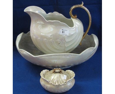 Shelley china cream lustre, shell shaped jug and basin set to include soap dish and cover.  (3)