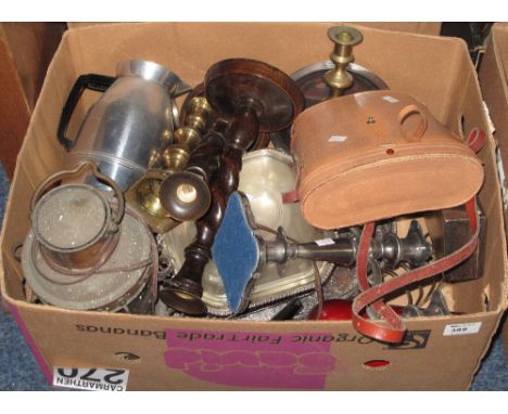 Box of assorted items to include pair of oak barley twist candlesticks, silver plated candelabra, brass candlesticks, retro s