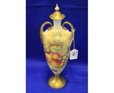 Royal Worcester porcelain two handled urn shaped vase and cover with painted fruit decoration signed Telford. Printed marks w