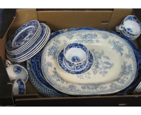 Tray of assorted blue and white china to include 19th Century asiatic pheasants, meat dishes, other blue and white floral mea