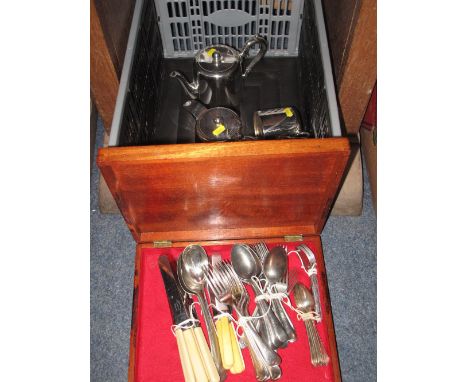Walker and Hall silver plate four piece tea service together with various loose cutlery and a mahogany case.