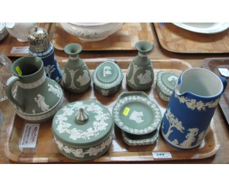 Tray of assorted Wedgewood Jasperware items to include pair of baluster vases, trinket boxes, sugar sifter, jugs etc.