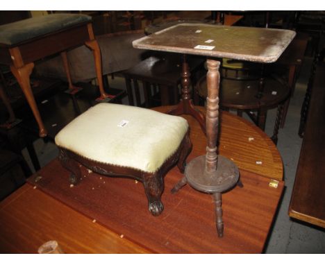 Small upholstered stained and carved stool together with a small stained rectangular occasional table on tripod legs. (2)