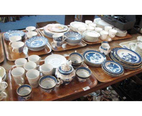 Two trays of assorted china to include Booth real old willow items comprising cups, saucers, teapot, plates etc, together wit