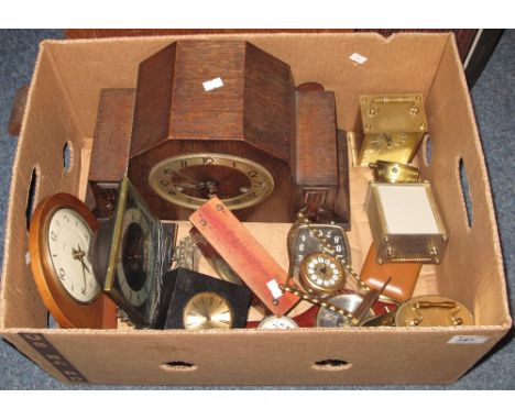 Box of assorted clocks to include art deco oak three train mantle clock, Smith's mantle clock, small alarm clock, snap design
