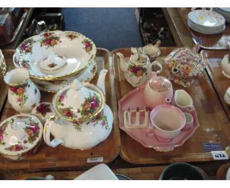 Three trays of assorted china to include mainly Royal Albert old country roses bone china items comprising tea pot, bowls, va