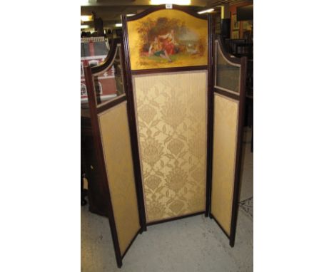 20th Century mahogany three section folding clothes screen with painted panel depicting figures and sheep in a field.
