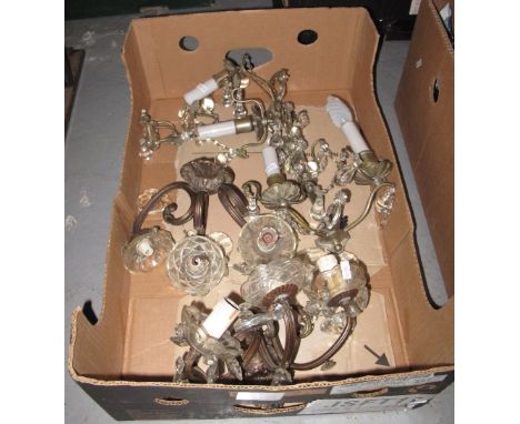 Box of assorted glass and gilt wall lighting brackets with glass drop spandrels etc.