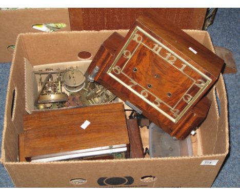 Box of assorted clocks and clock parts to include mid 20th Century walnut three train mantle clocks, clock faces and mechanis