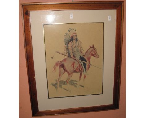 After Remington, portrait of a Native American Indian, coloured print.  Framed and glazed.