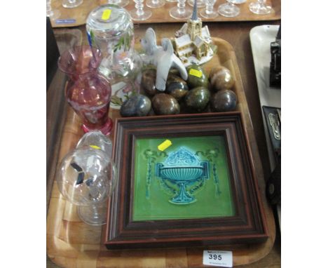 Tray of assorted items to include Bohemian cranberry glass baluster vase, various specimen eggs, willow tree angel of hope fi