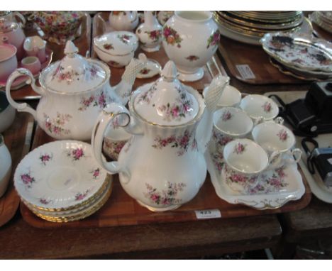 Tray of Royal Albert bone china lavender rose tea ware items comprising tea cups, saucers, rectangular tray, coffee pot, teap
