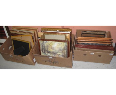 Three boxes of assorted furnishing pictures, prints, landscapes, bare frames etc. bird studies etc. (3)