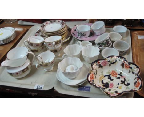 Two trays of assorted china to include Shelley white fluted tea cups, saucers, sugar bowl, sucrier etc, Royal Worcester botan