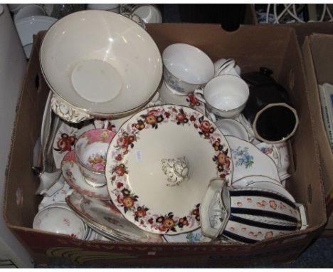 Box of assorted china to include Queen Anne bone china part tea ware, Imari design hexagonal jug, paragon floral plates, Roya
