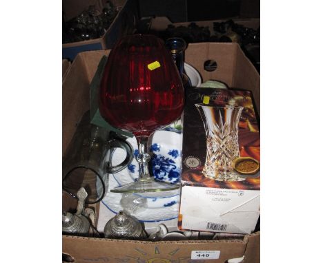 Box of assorted items to include German stone ware beer steins, Burn's crystal thistle design whiskey tumblers, modern Chines