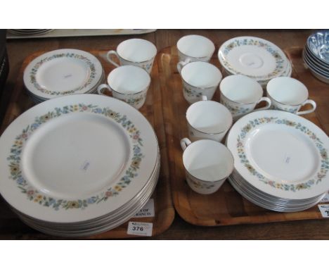 Two trays of Royal Doulton English fine bone china pastorale design tea and dinner ware items comprising tea cups and saucers