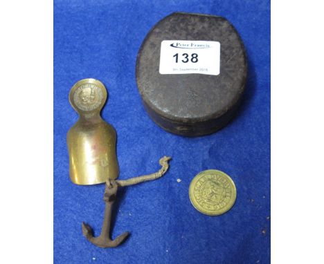 18th Century steel horseshoe shaped boxed with hinged cover dated: 1744, containing a small brass caddy spoon, novelty anchor