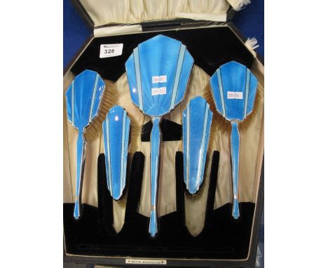 Case Art Deco design silver and blue Guilloche enamel five piece dressing table set. CONDITION REPORT: No comb
One brush and 