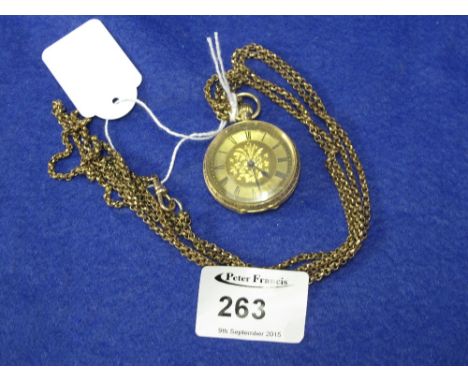 15ct gold engine turned and foliate engraved lady's small keyless open face fob watch with gilt metal guard chain, together w
