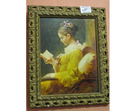 After Fragonard, portrait study of a young women reading, coloured print on canvas. Gilt frame.