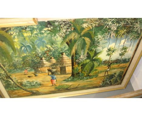 Large oil on board African Village scene by R A Folley 69 cms x 92 cms & vintage Danish tapestry