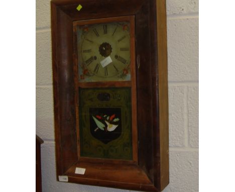 Late 19th century American wall clock with enamelled dial & painted glass front