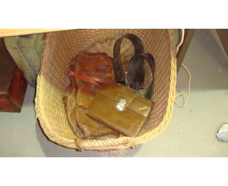 Vintage wicker basket & contents including horse strap, leather bag, document bag, box of odd china & mirror
