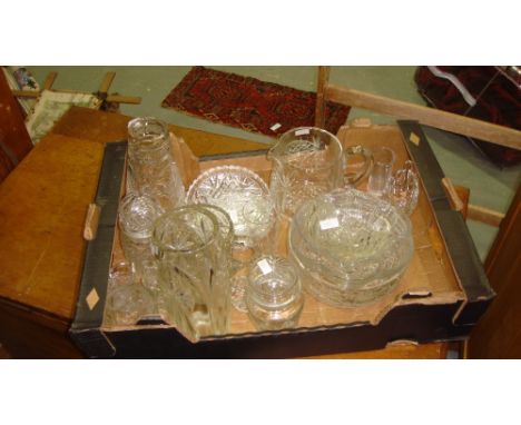 Box of vintage cut glass ware including vases, jugs, fruit bowls & Art Deco wall light