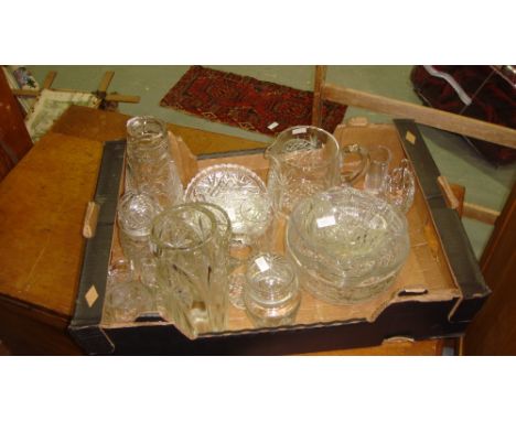 Box of vintage cut glass ware including vases, jugs, fruit bowls & Art Deco wall light