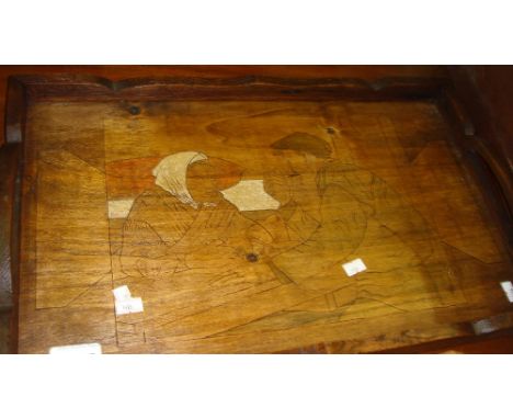 Vintage continental signed poker work tray (signature indiscernible), leather box and lamp