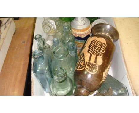 Box of assorted vintage and antique bottles & plated cockerels