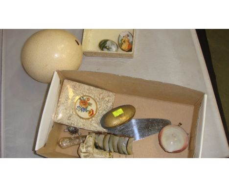 Box of oddments including vintage ostrich egg
