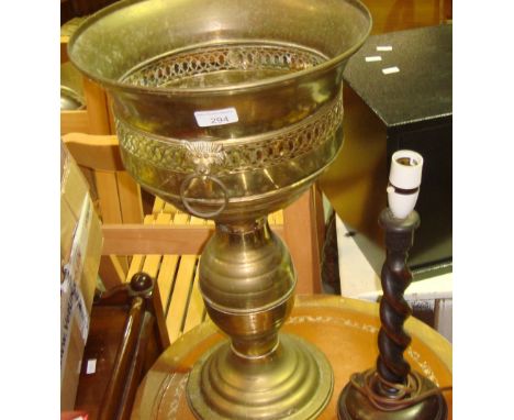 Vintage brass jardiniere and oak barley twist lamp