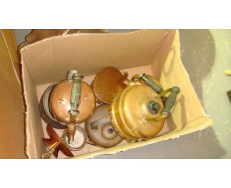 Box of vintage tea kettles and other copper ware