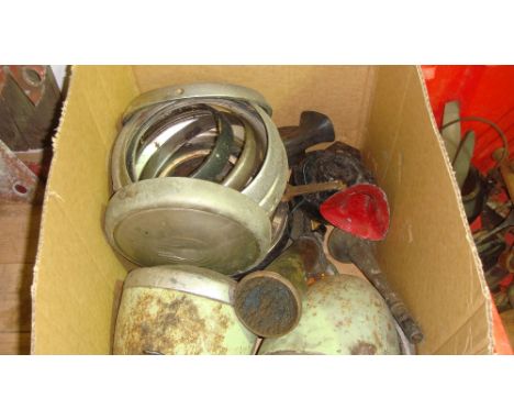 Box of vintage car headlights, car horn etc.