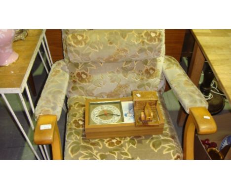 Vintage carved cigarette holder, clock and easy chair