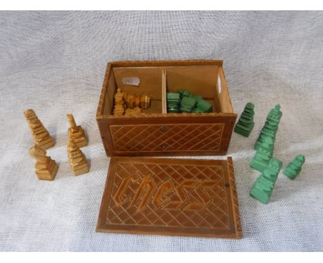 A VINTAGE PRISONER OF WAR CHESS SET, in a carved box