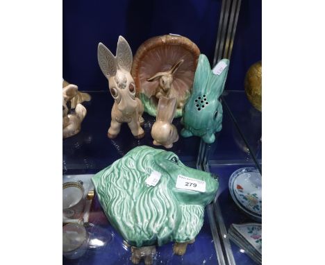 A SYLVAC GREEN BUNNY HAT-PIN HOLDER, a Sylvac "Dog" wall plaque and similar Sylvac ceramics (5) 