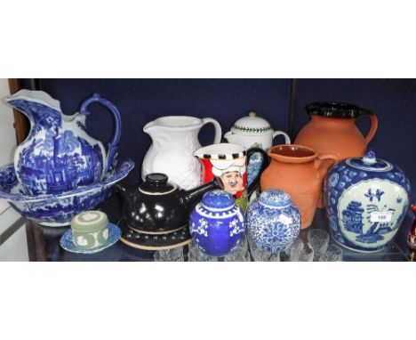 A CHINESE BLUE AND WHITE GINGER JAR AND COVER, various ceramics and a blue and white water jug and basin