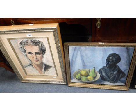 A 20TH CENTURY PORTRAIT OF A LADY, oil on board, other pictures and a quantity of small picture frames