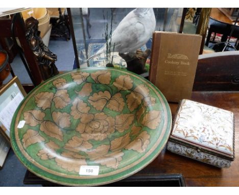 A CONTINENTAL CERAMIC BOX, with brass rim, a hand-painted dish and a Vintage "Radiation" cookery book